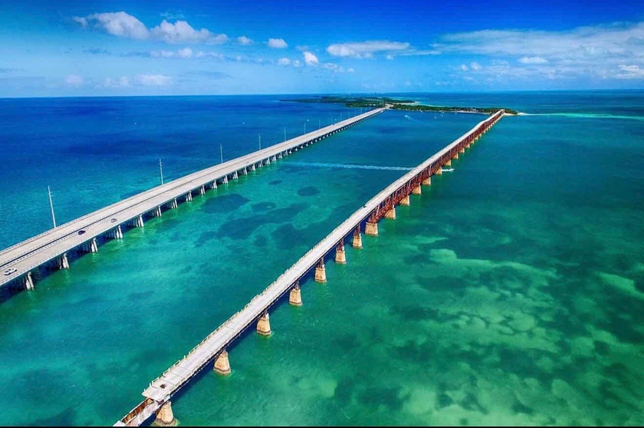 Aerial view of the Seven Mile Bridge over the turquoise waters of the Florida Keys